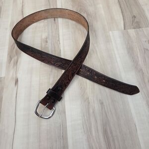 Brushy Creek Embossed Floral Leather Belt Brown 34 Silver Tone Buckle